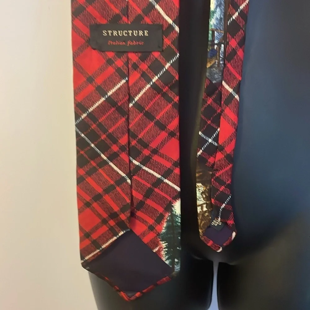 Structure Silk Italian Fabric Vintage Red Plaid Cabin in Woods Necktie Tie